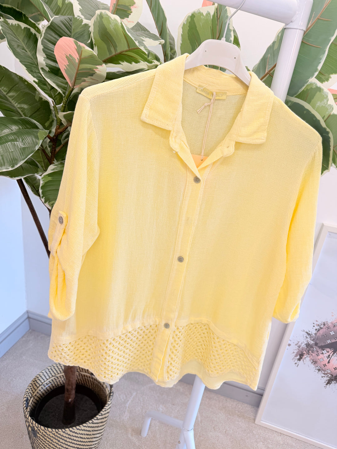 Ladies Teabag Linen Crochet Shirt Top lemon