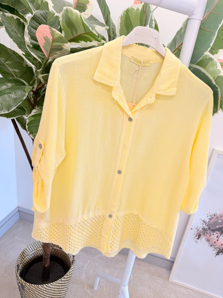 Ladies Teabag Linen Crochet Shirt Top lemon