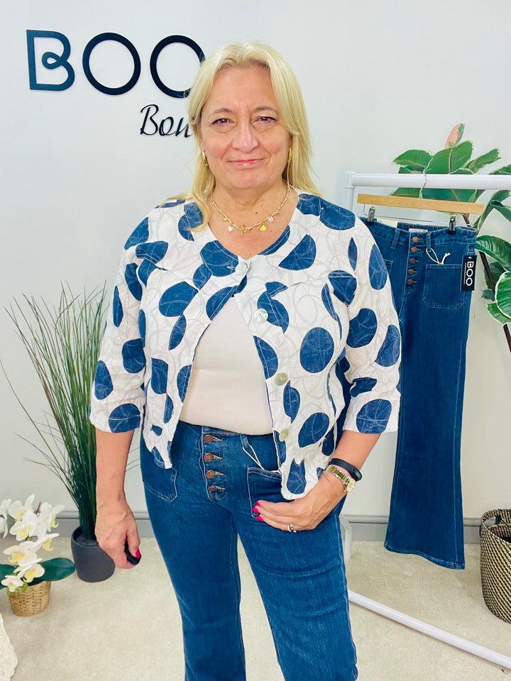 LADIES WHITE & NAVY LINEN CROPPED JACKET TOP