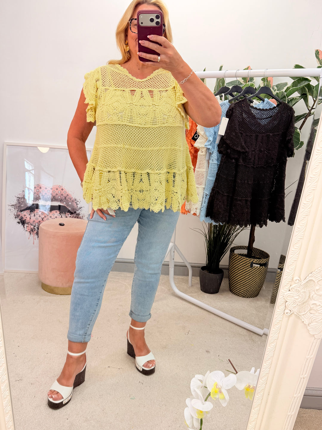 Ladies Pretty Crochet Top - lemon, white, blue, brown & coral 