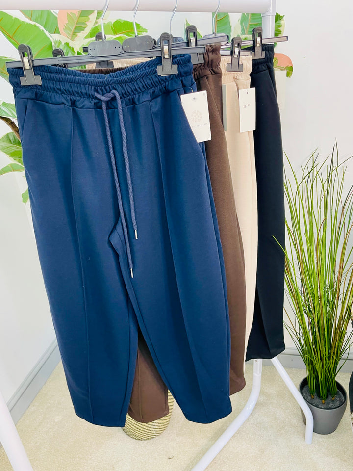 LADIES CARROT TAPERED LEG JOGGY TROUSERS - BLACK, NAVY, BEIGE & CHOCOLATE BROWN