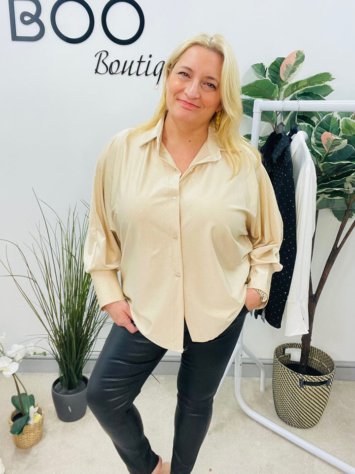 LADIES SPARKLY STRETCH BLOUSE SHIRT - WHITE, BLACK, CHAMPAGNE
