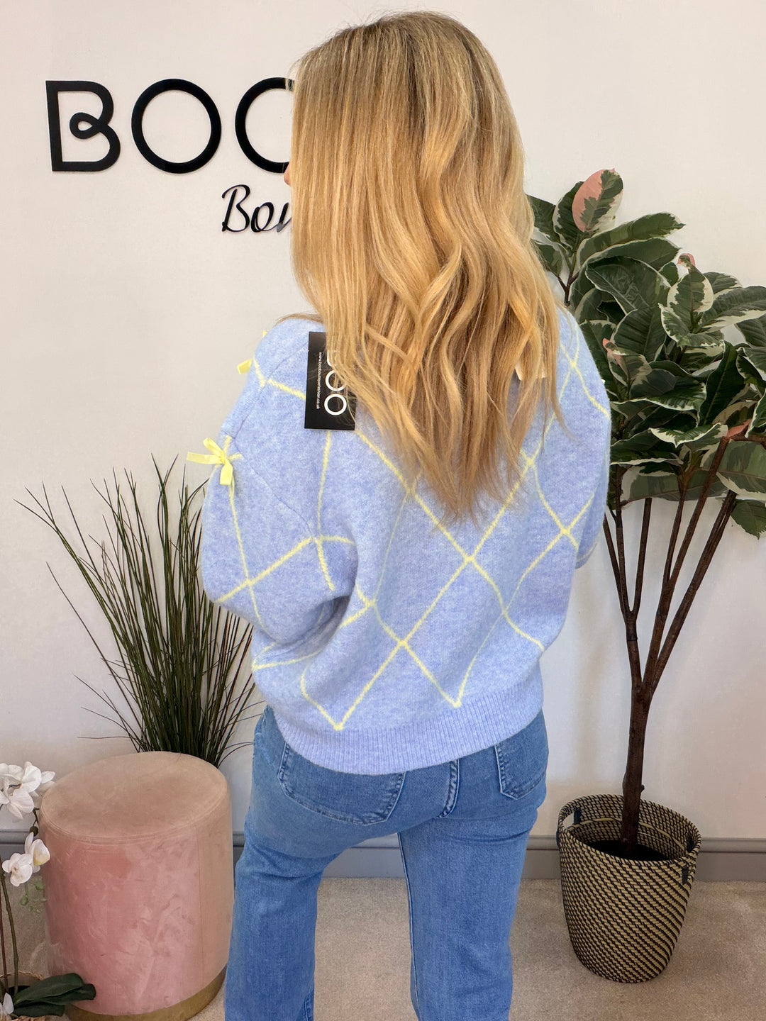 Ladies Fashion Soft Knit Satin Bow Cardigan - blue & pink