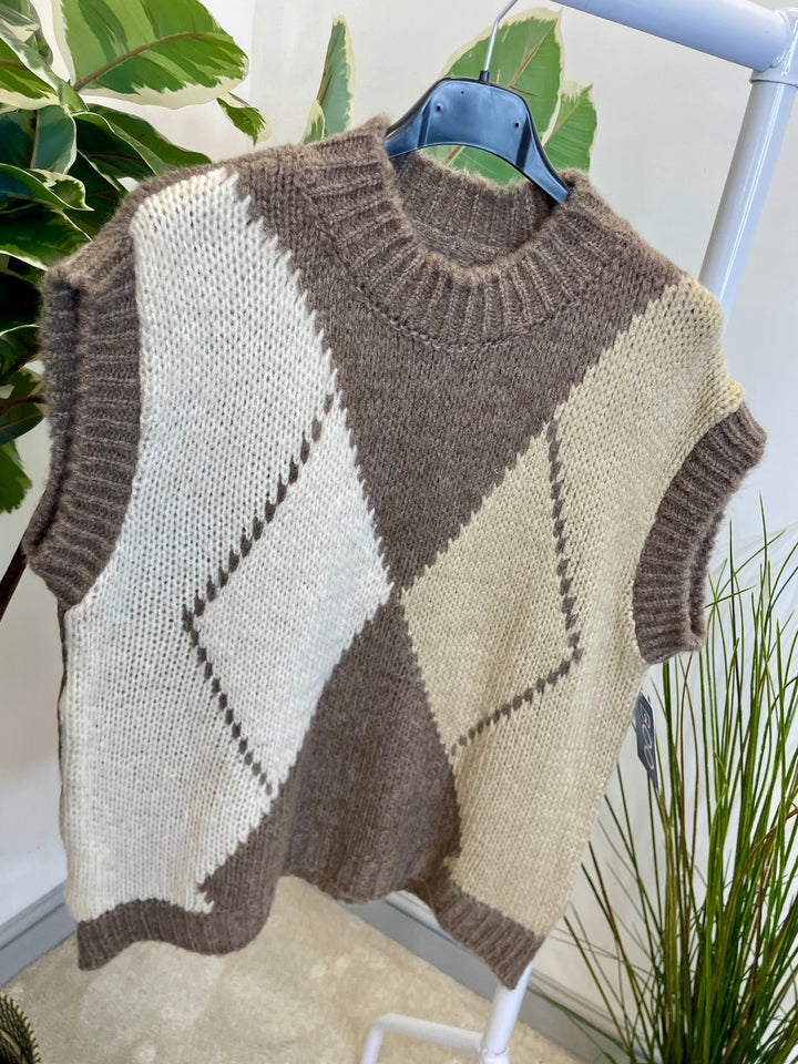 LADIES ARGYLE KNIT TANK TOP - MOCHA, BEIGE, BROWN