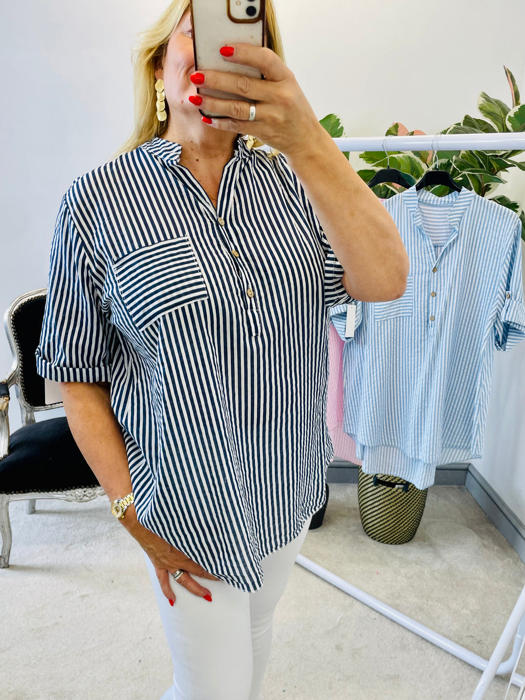 LADIES CASUAL STRIPE GRANDAD SHIRT - NAVY, PINK, BLUE