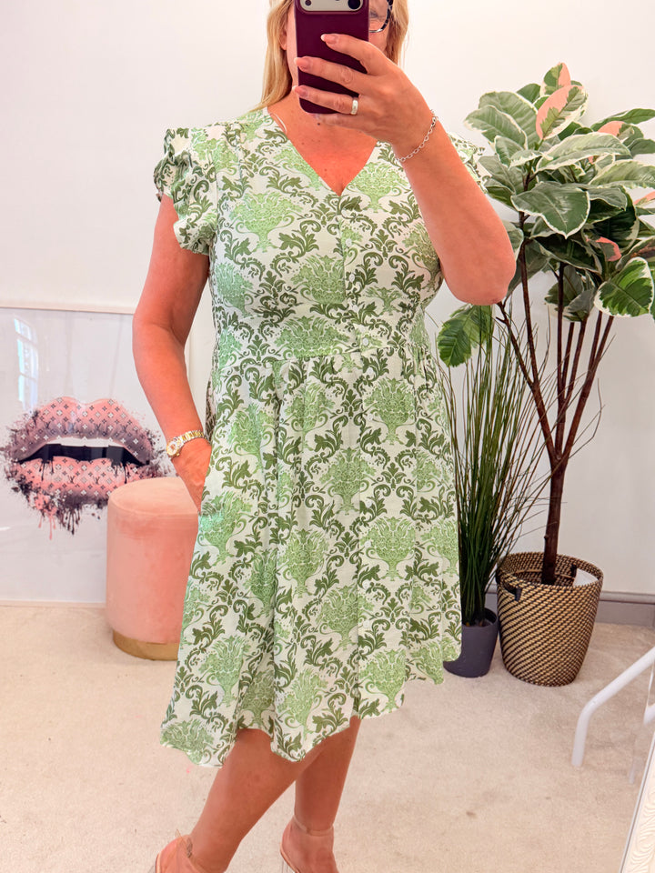 Ladies Green & White Paisley Print Summer Day Dress
