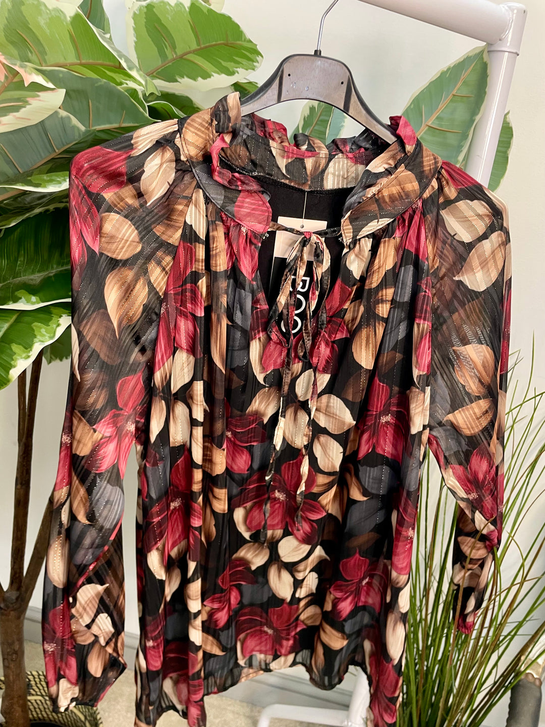 LADIES LEAF PRINT CHIFFON BLOUSE TOP - BROWN, BLACK & KHAKI