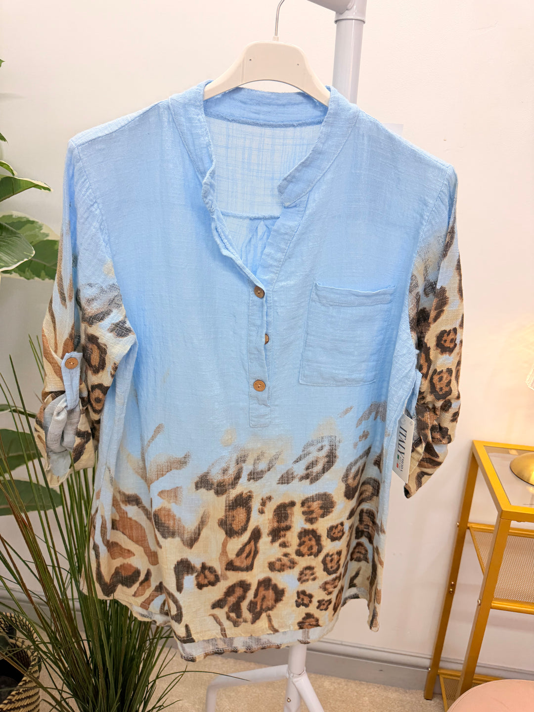 Ladies Light Linen Animal Print Grandad Shirt Top - White, Pink & Blue