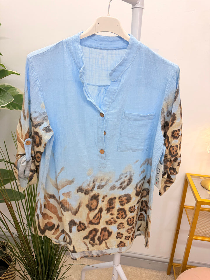 Ladies Light Linen Animal Print Grandad Shirt Top - White, Pink & Blue