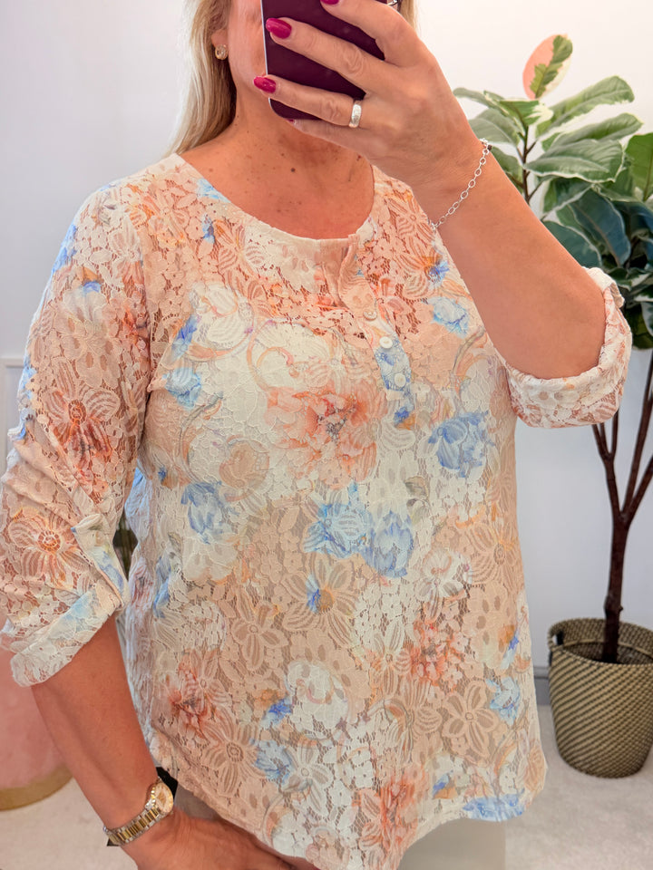 Ladies Lace Grandad Top - Khaki, Pink, Beige & White