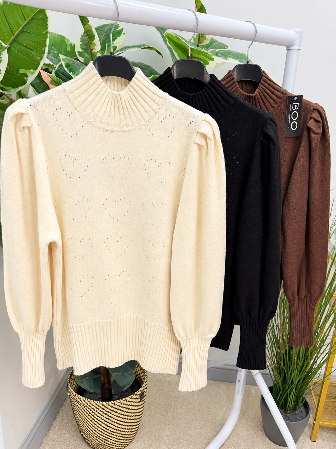Womens soft knit puff sleeve high neck jumper - cream, black & brown
