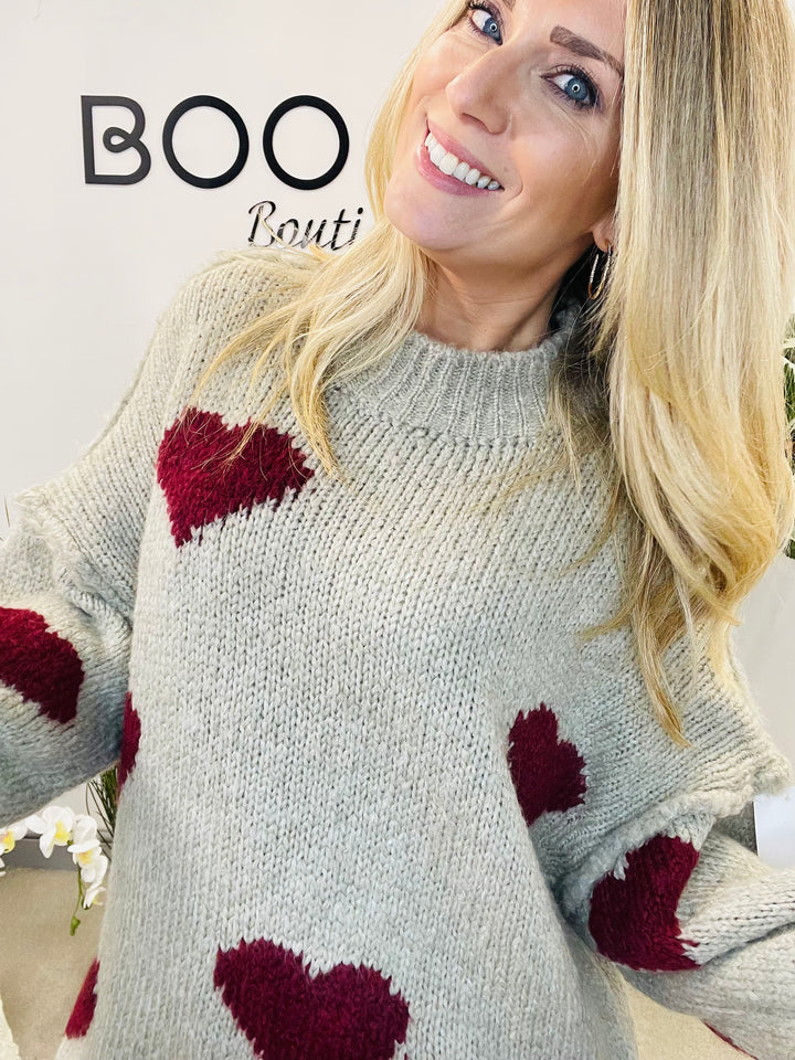 LADIES CHUNKY KNIT HEART JUMPER - MOCHA, BEIGE, BROWN & PINK