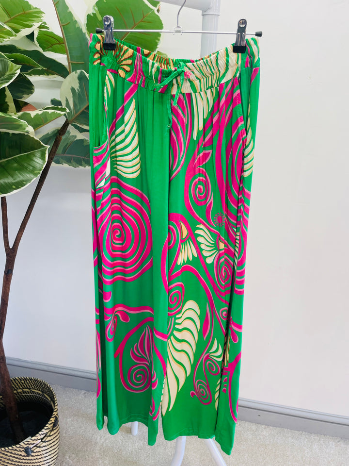 LADIES WOMENS GREEN PINK  WIDE LEG PALAZZO PANTS TROUSERS 