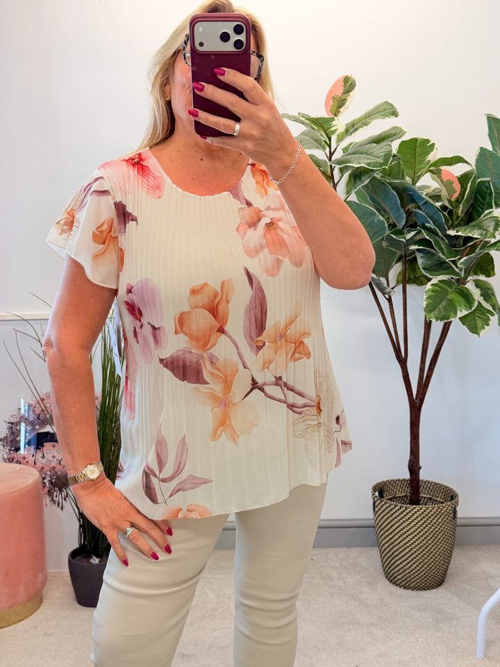 Ladies Pleated Floral Print Chiffon Top - Black, Cream, Blue, Lemon, Pink, Navy, Brown