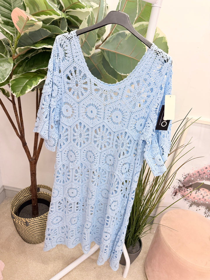 Ladies Fashion Crochet Beach Summer Maxi Dress - Blue, Pink, Fuschia, Orange, White