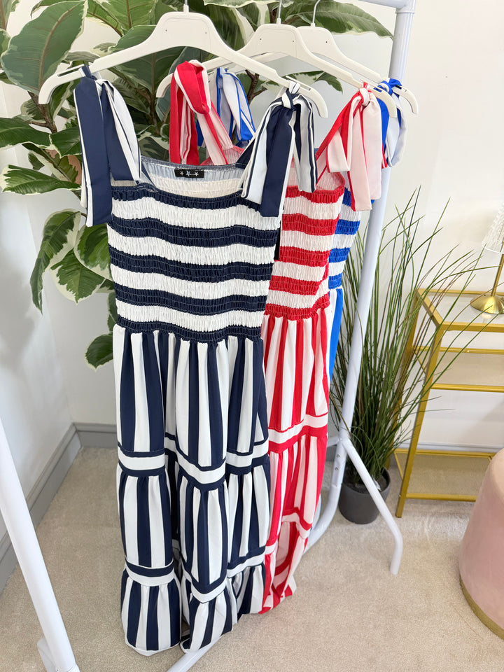 Ladies Candy Stripe Summer Sun Maxi Dress - Royal Blue, Navy & Red