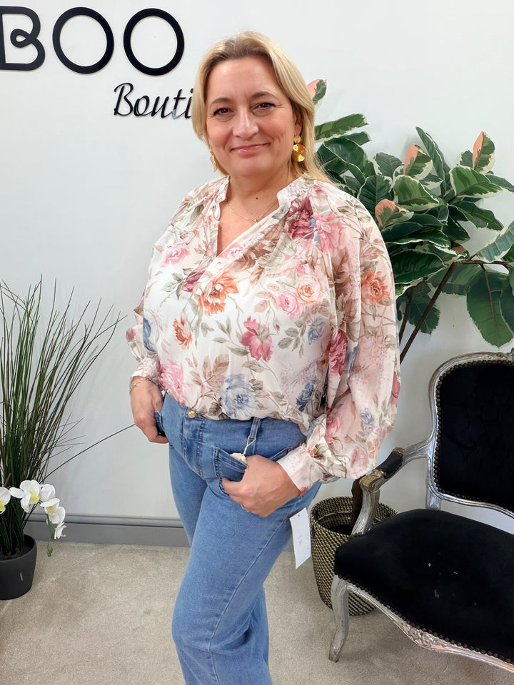 Ladies Fashion Pretty Floral Print Blouse - Pink, White & Blue