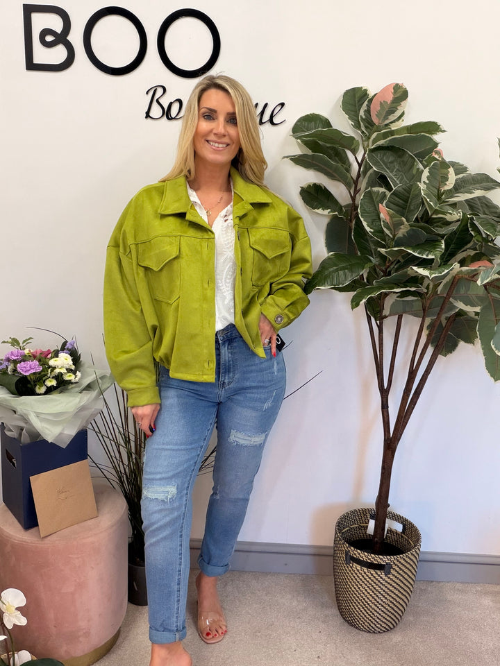 Ladies Fashion Faux Suede Bomber Jacket - camel, brown & lime