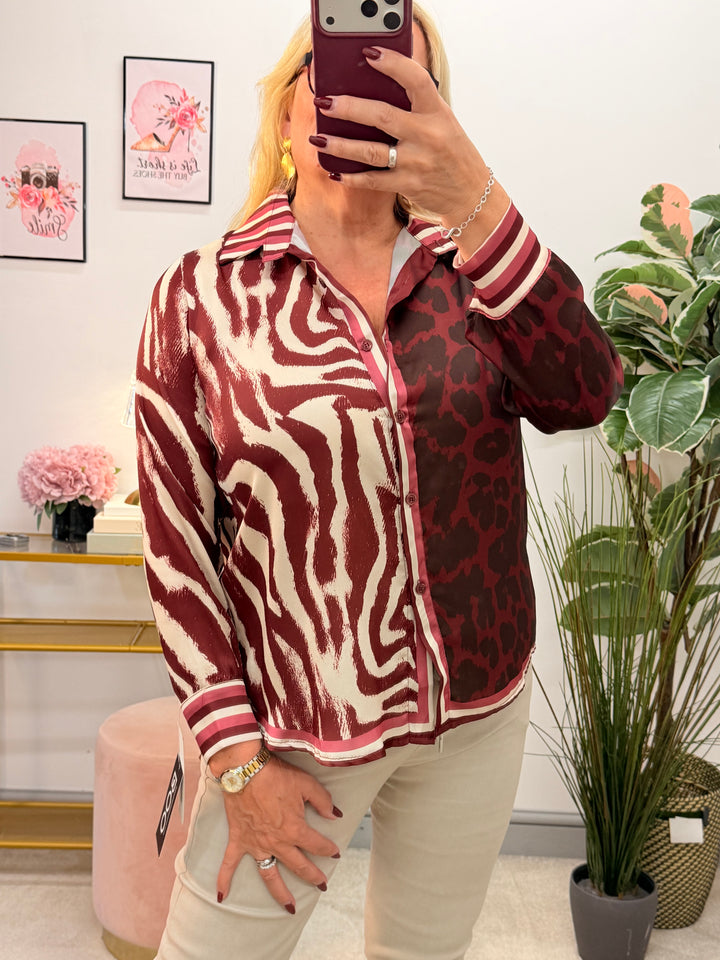 Womens Animal Leopard Print Satin Shirt Blouse - Navy, Burgundy & Camel
