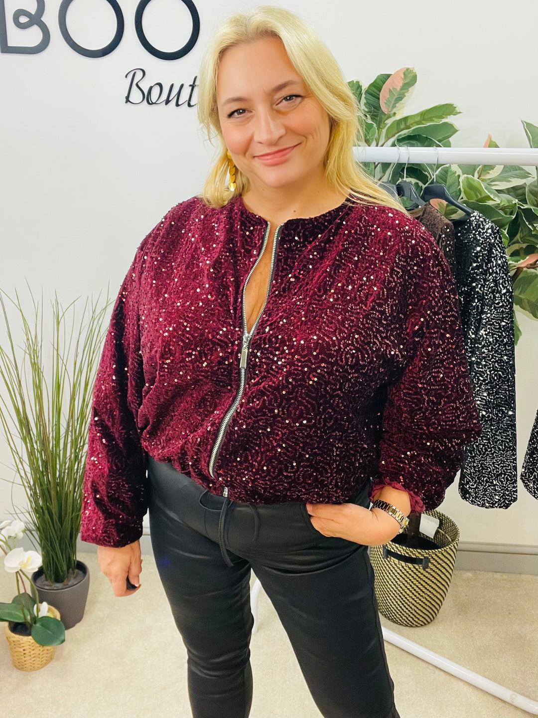 LADIES SEQUIN BOMBER JACKET - BLACK, SILVER, BERRY, BROWN