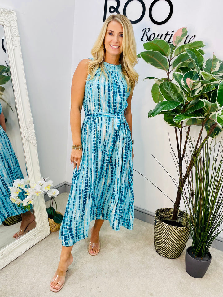 LADIES SUMMER PARTY EVENT MIDI DRESS - BLUE & ORANGE
