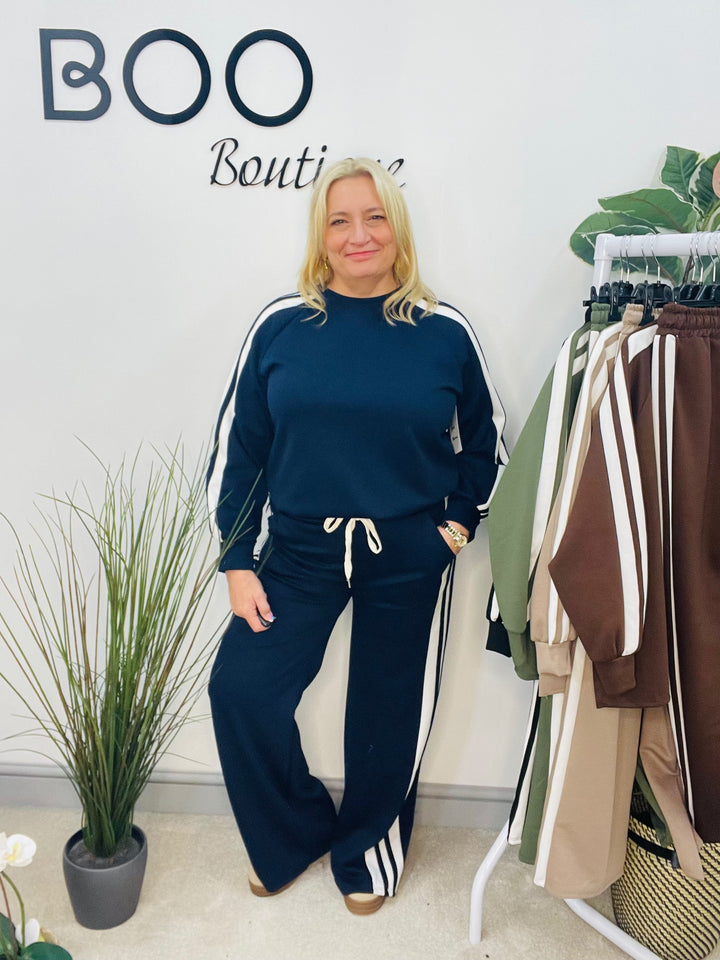 LADIES SPORTS LUXE STRIPE TROUSER CO ORD SET - BLACK, NAVY, KHAKI, MOCHA, BROWN