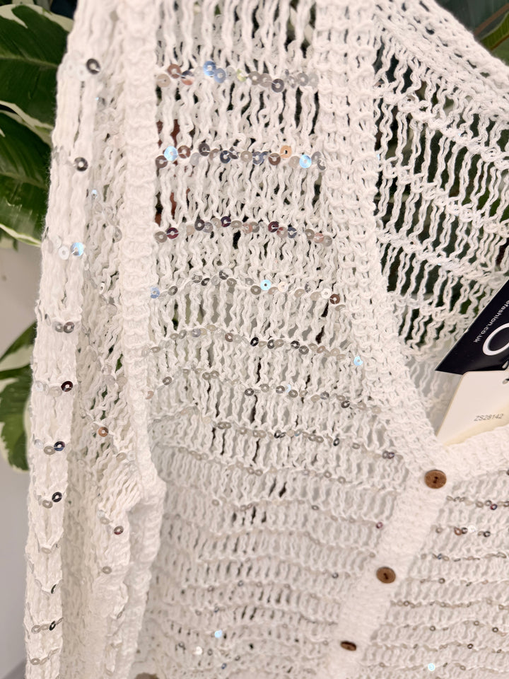 Ladies Fashion White Sequin Sparkly Crochet Bolero Cardigan