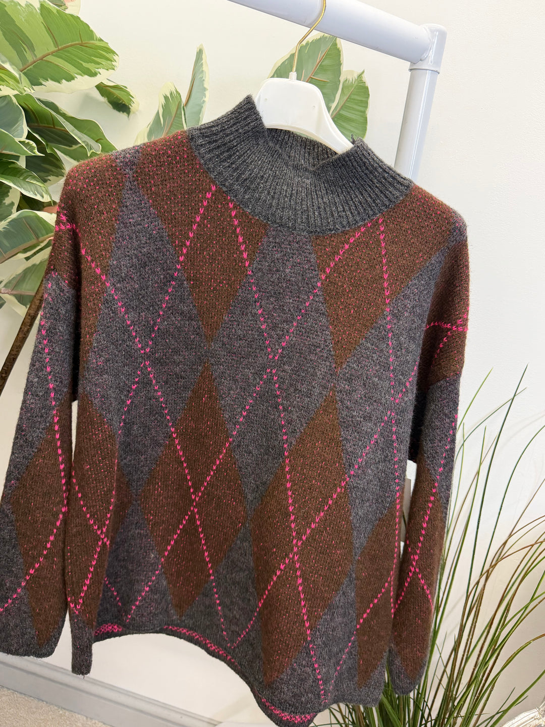 LADIES FASHION ARGYLE KNIT JUMPER - BERRY, PINK, GREY, PURPLE