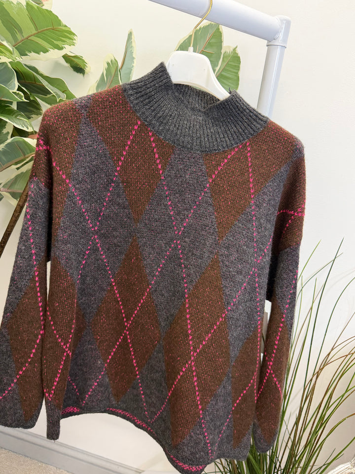 LADIES FASHION ARGYLE KNIT JUMPER - BERRY, PINK, GREY, PURPLE