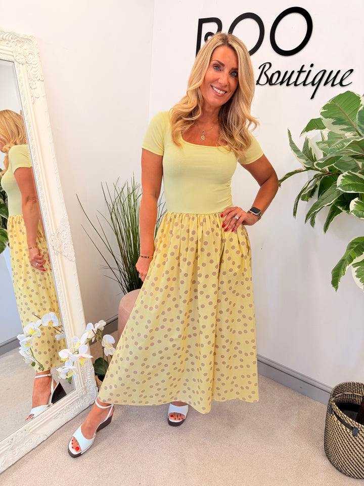 Ladies Fashion T Shirt Polka Dot Midi Dress - Blue, Pink, Black & Lemon