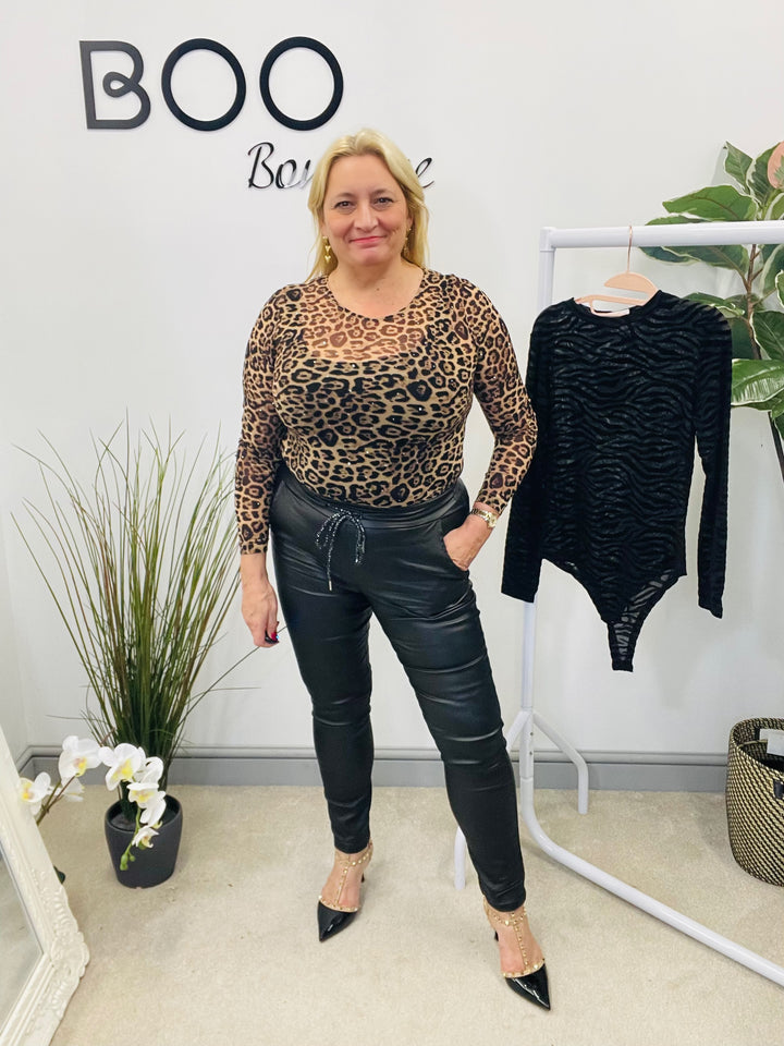 LADIES SHEER STRETCH BODYSUIT - BLACK & LEOPARD PRINT