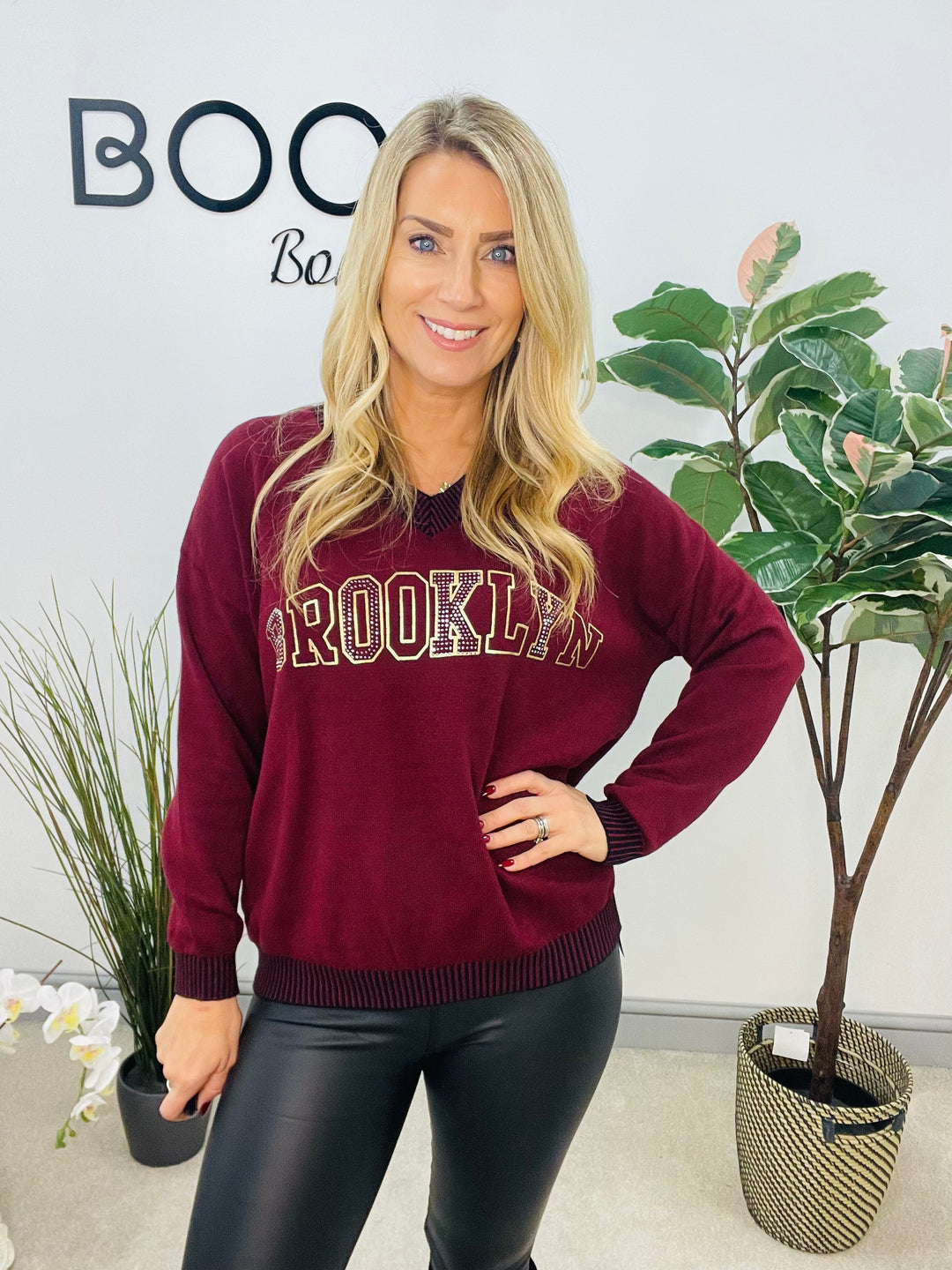 LADIES DIAMANTE SOFT KNIT JUMPER - BURGUNDY, BROWN, BLACK & BEIGE