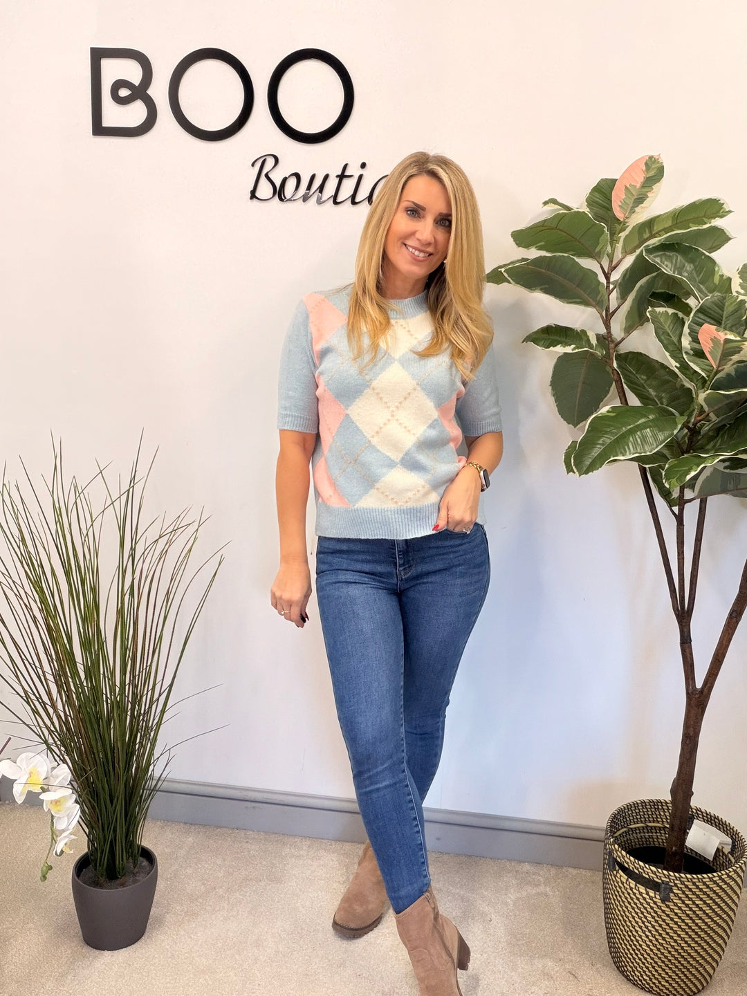 LADIES ARGYLE KNIT SHORT SLEEVE JUMPER - CREAM, BLUE, PINK