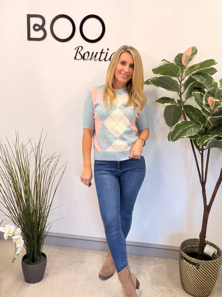 LADIES ARGYLE KNIT SHORT SLEEVE JUMPER - CREAM, BLUE, PINK