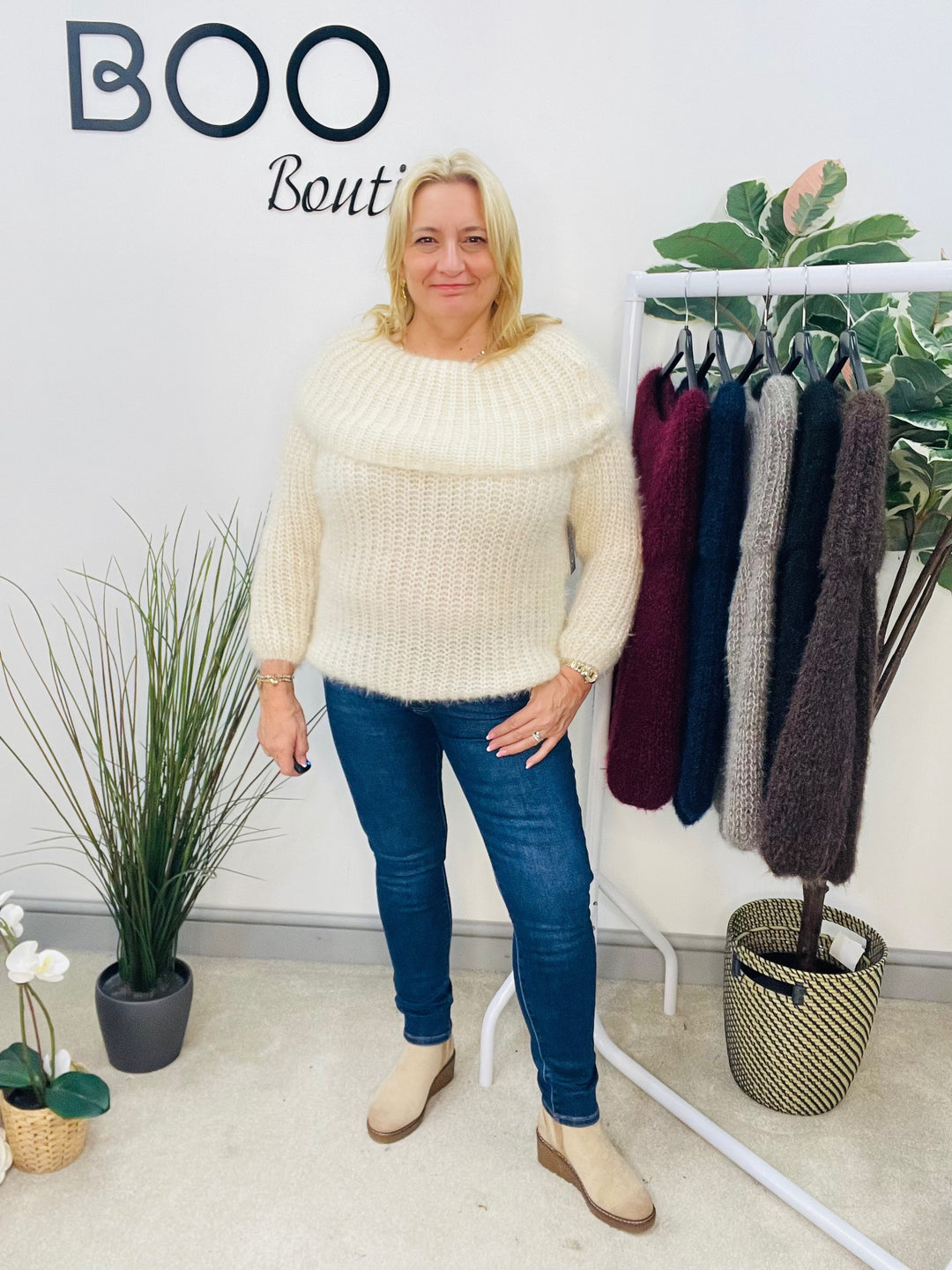 LADIES FLUFFY BARDOT JUMPER - NAVY, BLACK, WINE, MOCHA, BROWN, CREAM