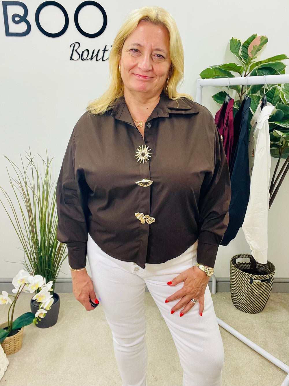 LADIES COTTON CROPPED SHIRT BLOUSE - WHITE, WINE, BROWN & BLACK