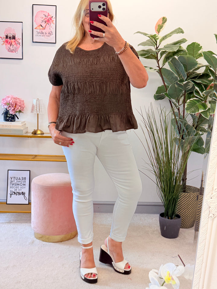 Ladies Cotton Elasticated Summer Top - White, Blue, Mint, Pink & Brown