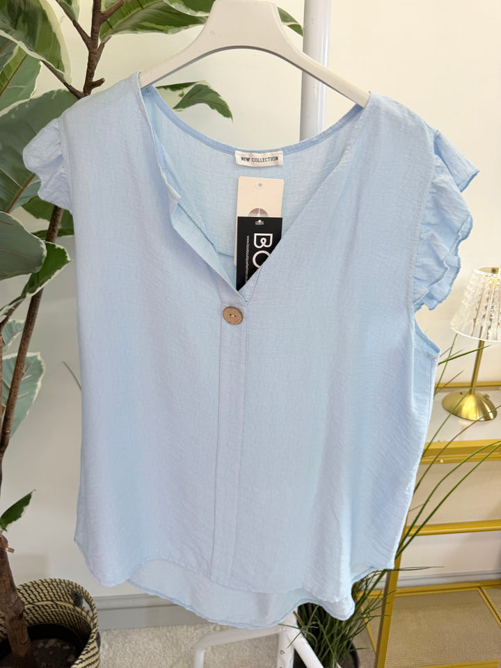 Ladies Frill Sleeve Grandad Top - Blue, Pink, Brown, White, Black & Mocha