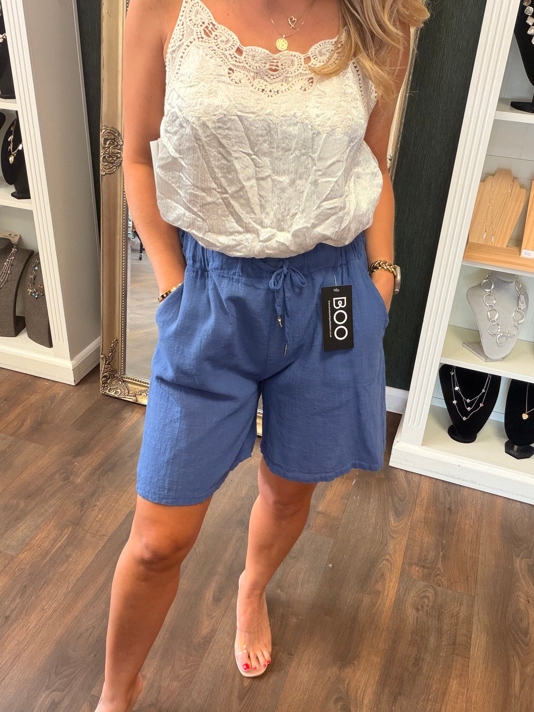 Ladies Linen Cotton Summer Shorts - Denim Blue, Pink, White & Black