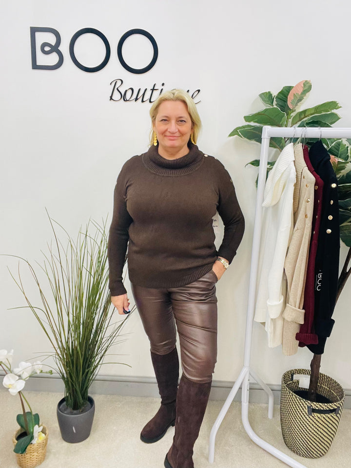 LADIES SOFT KNIT ROLL NECK JUMPER - WHITE, BLACK, BURGUNDY, BROWN & BEIGE