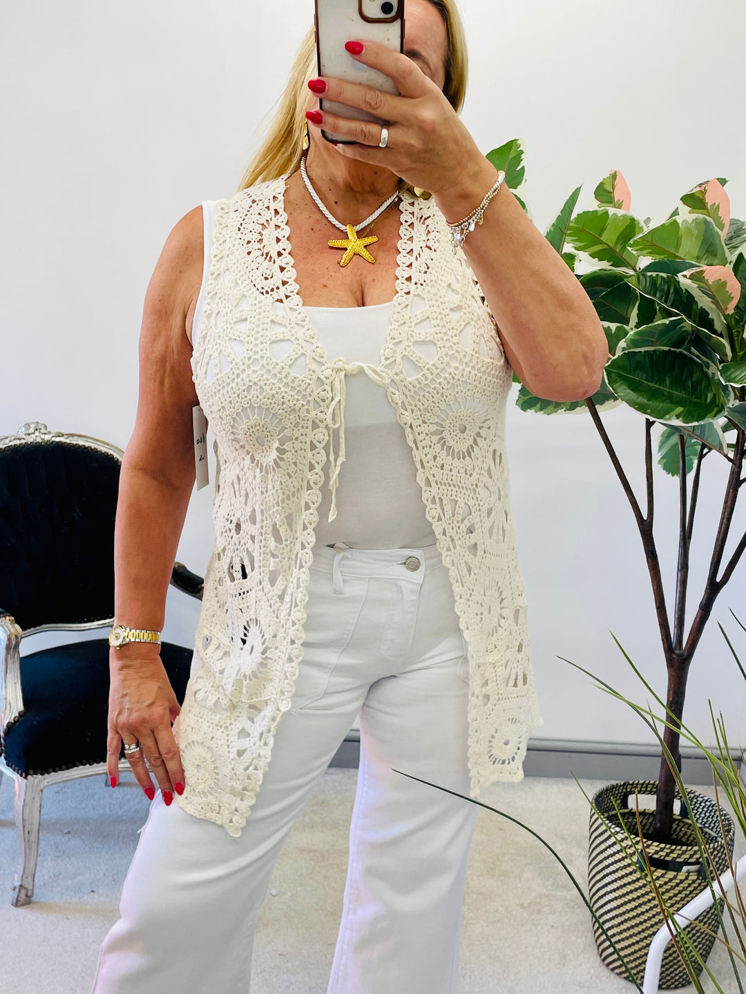 LADIES WOMENS CROCHET SLEEVELESS CARDIGAN - BLACK, WHITE, BEIGE