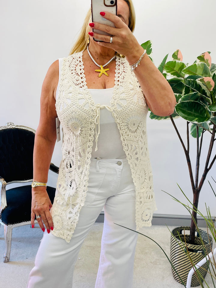 LADIES WOMENS CROCHET SLEEVELESS CARDIGAN - BLACK, WHITE, BEIGE