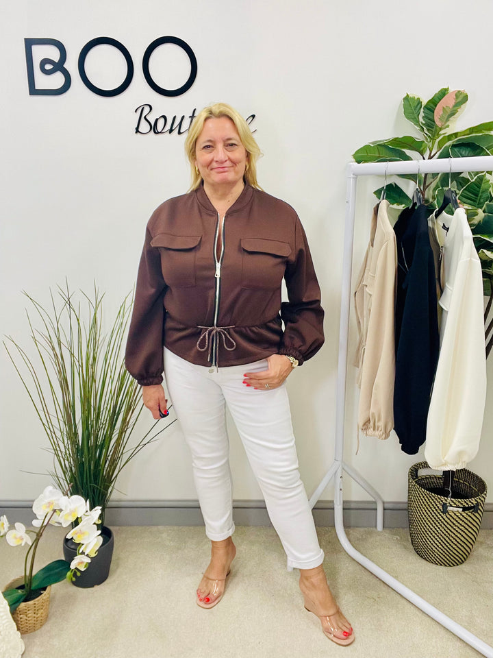 LADIES FASHION BOMBER JACKET - WHITE, BLACK, BEIGE, BROWN