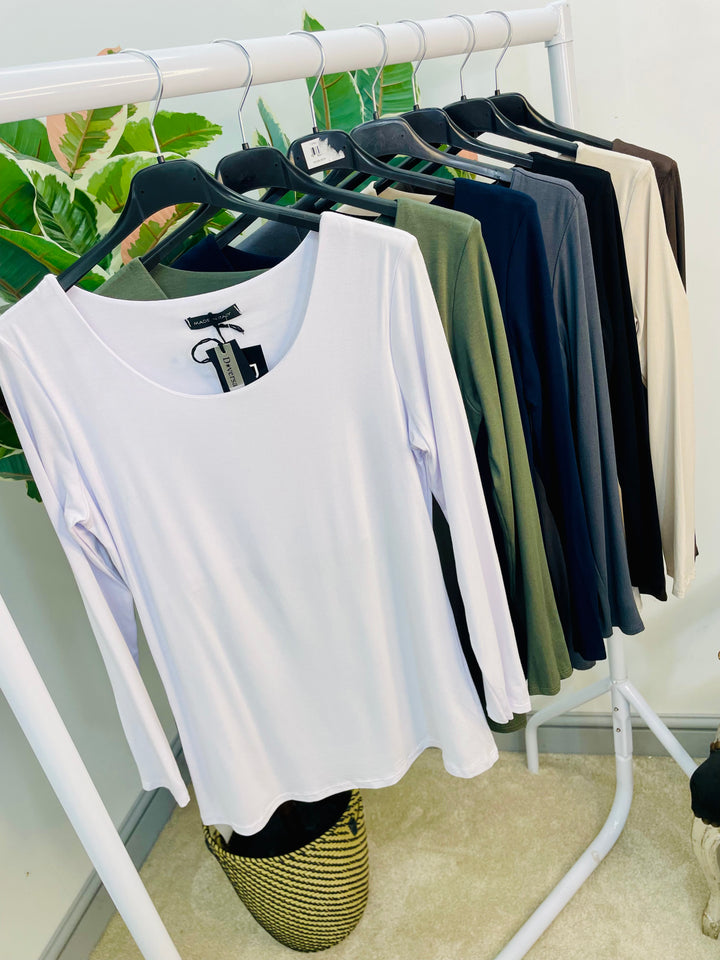 LADIES LONG SLEEVE BASIC TOP - WHITE, BLACK, NAVY, KHAKI, BROWN, GREY, BEIGE