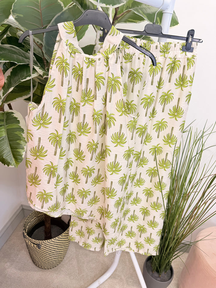 Ladies Palm Tree Print Fashion Trouser Co Ord Set - Navy, White, Pink, Brown & Orange