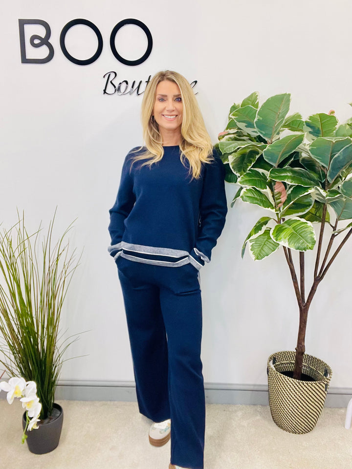 LADIES WIDE LEG KNITTED CO ORD SET - NAVY, CREAM, CAMEL & GREY