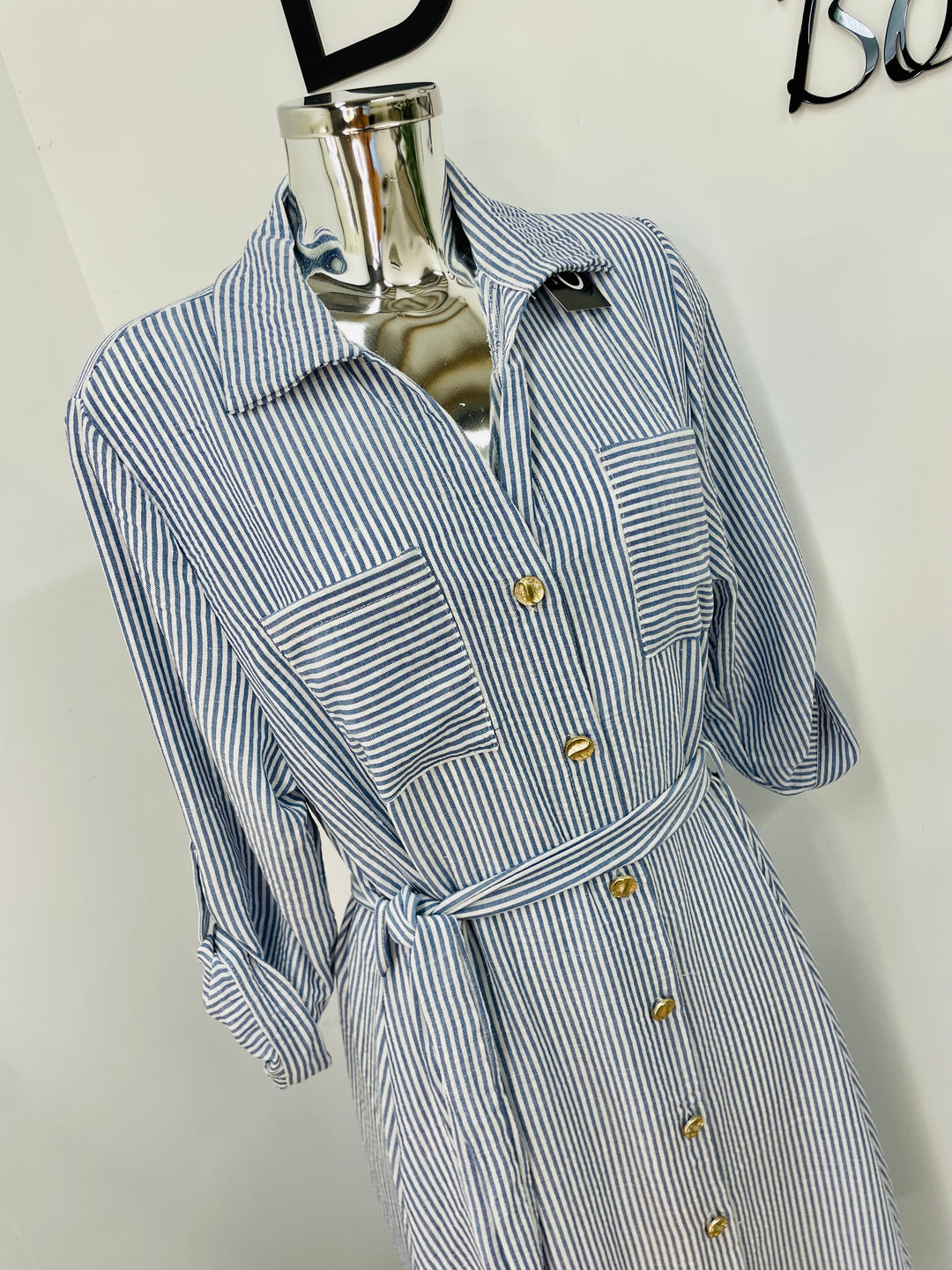 LADIES PINSTRIPE SUMMER SHIRT DRESS - BLUE, KHAKI, MOCHA