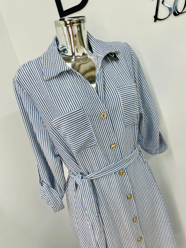 LADIES PINSTRIPE SUMMER SHIRT DRESS - BLUE, KHAKI, MOCHA