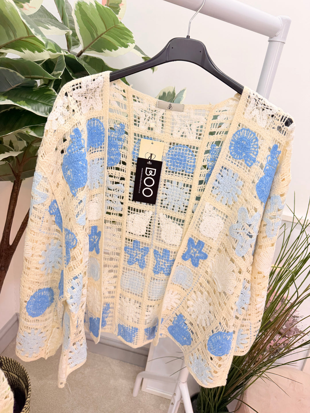 Ladies Fashion Beige Crochet Bolero Cardigan - pink, green & blue