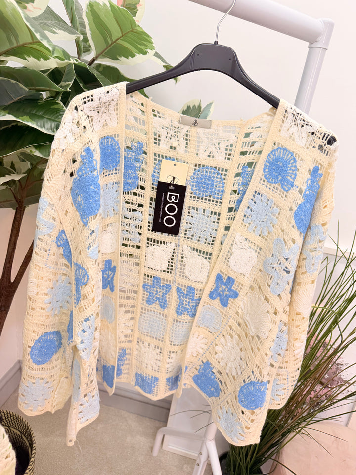 Ladies Fashion Beige Crochet Bolero Cardigan - pink, green & blue